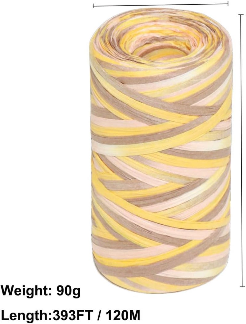 ALLWSLucky 393 Feet Colored Raffia Paper Ribbon, Colorful Pattern Packing Paper String Section Dyeing Raffia Ribbon for Gift Wrapping and DIY Decoration (Yellow) - Image 3